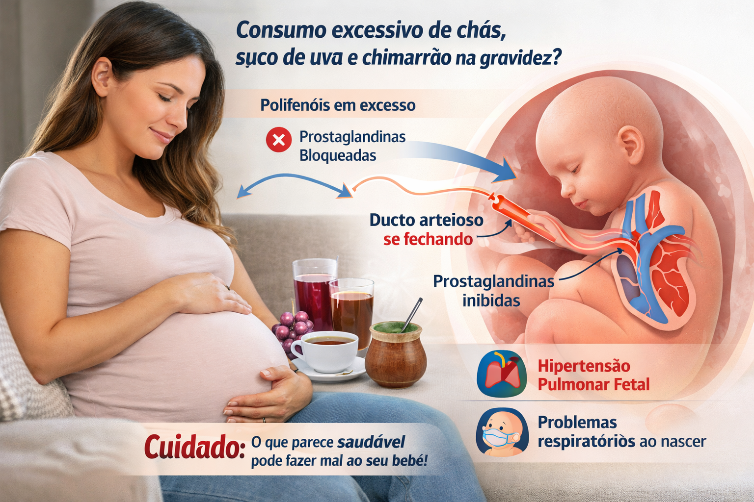 Infográfico explicando como o consumo excessivo de polifenóis afeta o ducto arterioso fetal